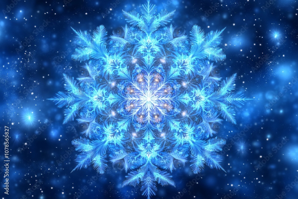 Kaleidoscopic blue snowflake design with intricate geometric patterns representing winter symmetry and artistic brilliance Kaleidoscopic blue snowflake design with intricate geometric patterns representing winter symmetry and artistic brilliance
