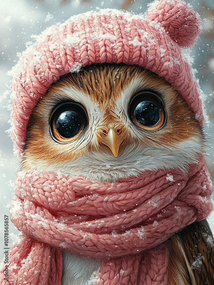 Obraz premium Adorable owl wearing a pink knitted hat and scarf in the snow.
