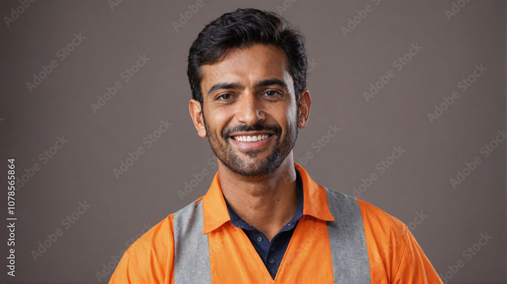 Obraz premium A man wearing an orange work shirt smiles at the camera