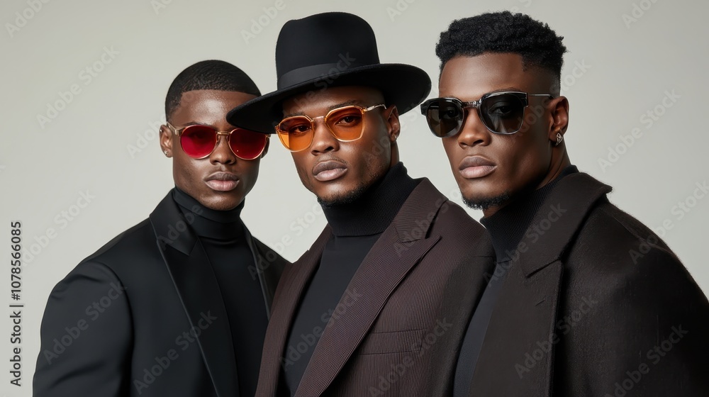 A sophisticated portrait of three fashionable men with sleek eyewear, one wearing a black hat, showcasing a strong and confident presence in formal attire. A sophisticated portrait of three fashionable men with sleek eyewear, one wearing a black hat, showcasing a strong and confident presence in formal attire.
