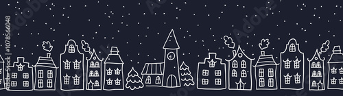 Cute hand drawn seamless doodle houses, christmas town with stars and decorated houses, great for banners, wallpapers, invitations - vector design