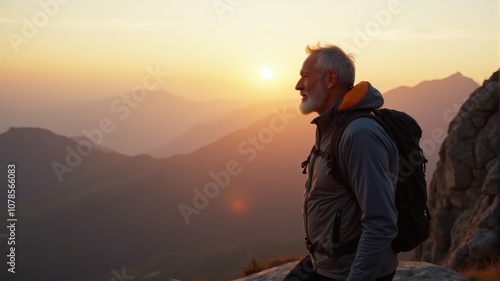 an older man with a backpack standing on a mountain top at sunset