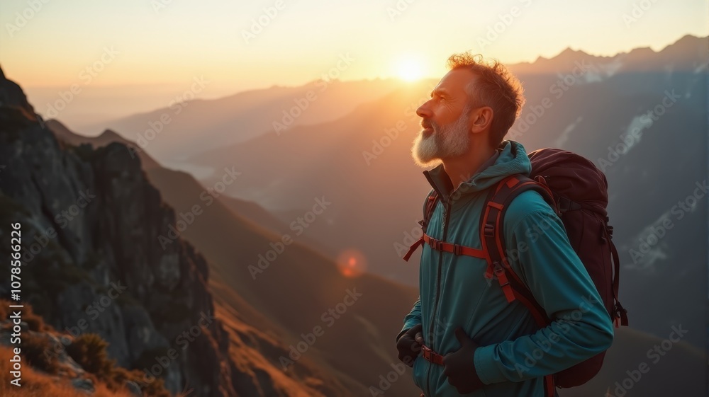 a man with a backpack standing on a mountain top at sunset a man with a backpack standing on a mountain top at sunset
