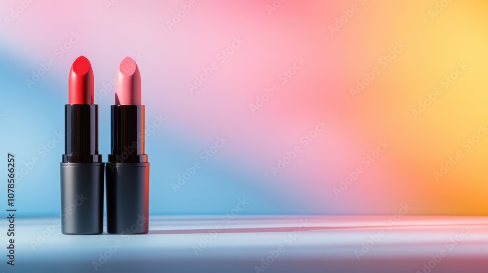 Two lipsticks, one red, one pink, stand against a backdrop of vivid colors, illustrating beauty, style, and modern elegance for cosmetic enthusiasts. Two lipsticks, one red, one pink, stand against a backdrop of vivid colors, illustrating beauty, style, and modern elegance for cosmetic enthusiasts.