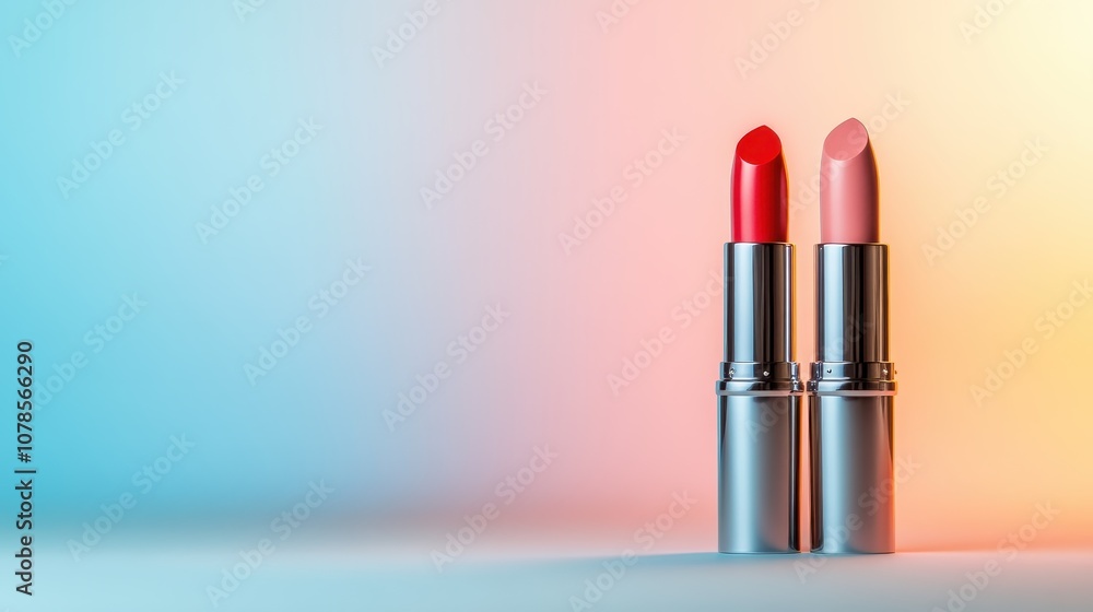 A red and a pink lipstick stand poised, their reflections visible on a smooth surface set against a compelling color gradient, embodying artistic allure and fashion. A red and a pink lipstick stand poised, their reflections visible on a smooth surface set against a compelling color gradient, embodying artistic allure and fashion.