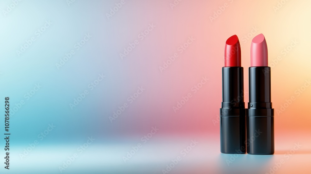 Two lipsticks, distinct in red and pink, captured against a beautifully blurred vibrant background, showcasing modern beauty products and trends visually.