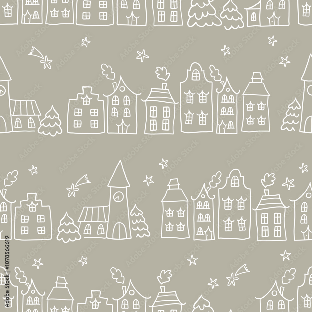 Fototapeta premium Cute hand drawn seamless doodle houses, christmas town with stars and decorated houses, great for banners, wallpapers, invitations - vector design