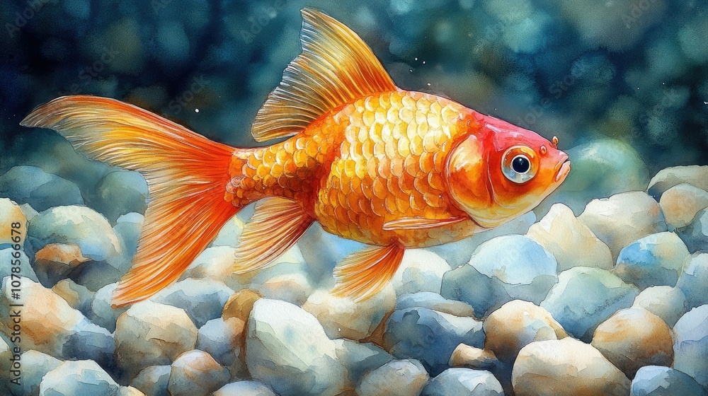 A watercolor painting of a goldfish swimming over a bed of pebbles. A watercolor painting of a goldfish swimming over a bed of pebbles.
