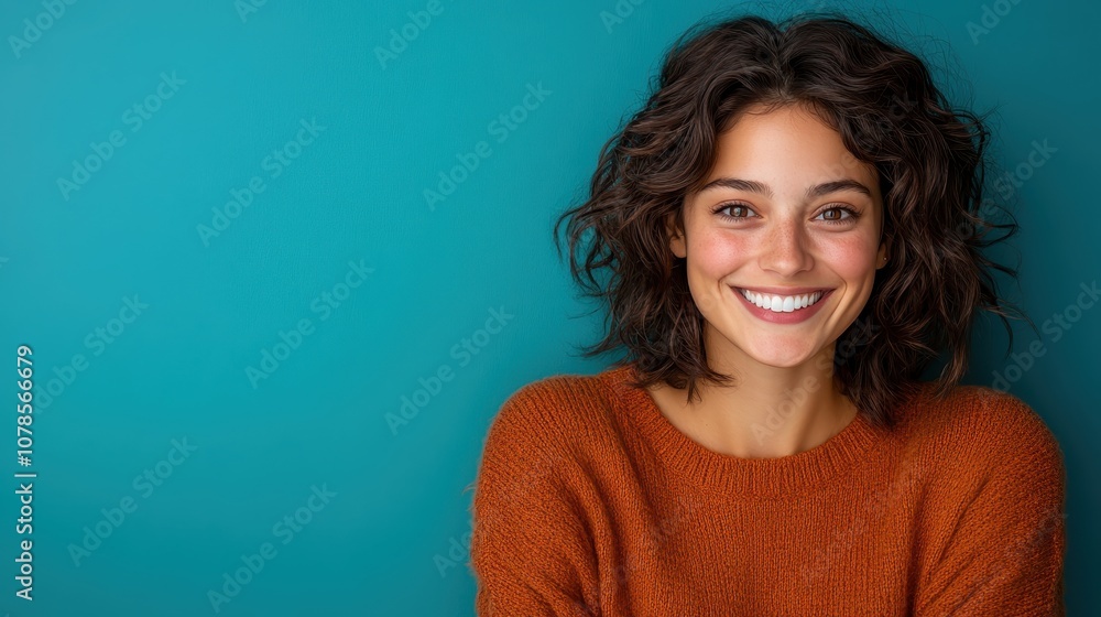 A cheerful woman poses in a cozy orange sweater, against a teal background, capturing warmth and friendliness in an artful, contemporary portrait style. A cheerful woman poses in a cozy orange sweater, against a teal background, capturing warmth and friendliness in an artful, contemporary portrait style.