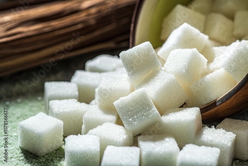 Close up of White Sugar Cubes Spilling From a Wooden Bowl on a Textured Surface. Generative AI photo