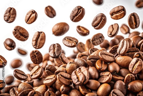 Flying Coffee Beans Isolated on a Clear Background With Standard Scale. Generative AI