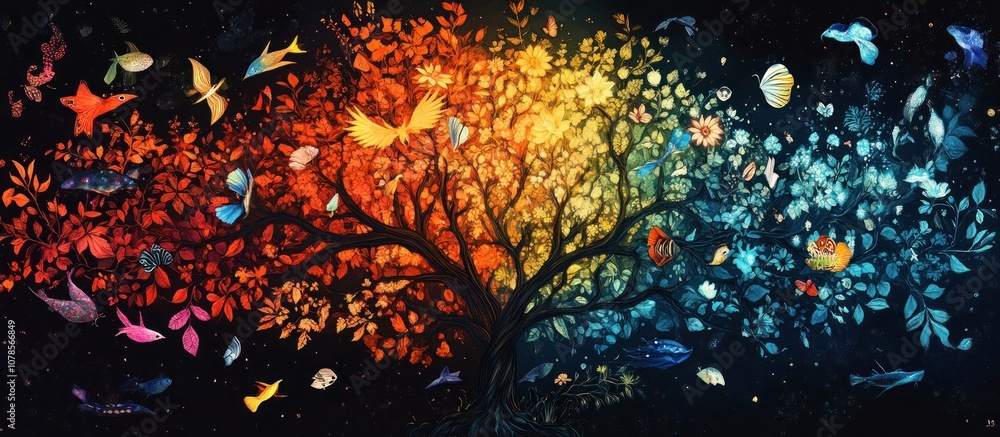 A vibrant tree with colorful leaves and birds flying around it against a black background. A vibrant tree with colorful leaves and birds flying around it against a black background.