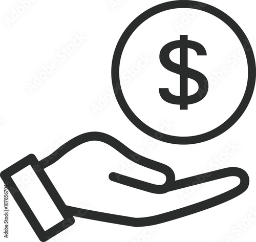 Hand holding a dollar coin line icon. Save money, salary, finance, cash concept.