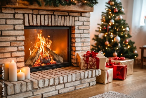 Cozy brick fireplace with lit candles warm flames and rustic ambiance creating a welcoming winter setting surrounded by soft glowing lighting