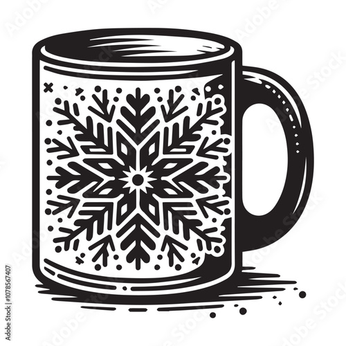 Cozy up with a warm drink in this festive snowflake mug. Black and white illustration of a mug with a large snowflake design.