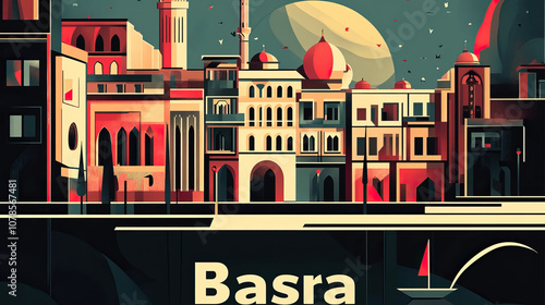 Basra, Iraq, modern vintage travel poster, wallpaper, background, banner, backdrop, retro card print. Artistic, artsy, trendy, simple, clear. Dark, red, blue, white, black