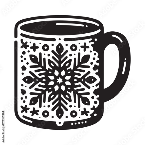 Cozy up with a warm drink in this festive snowflake mug. Black and white illustration of a mug with a large snowflake design.