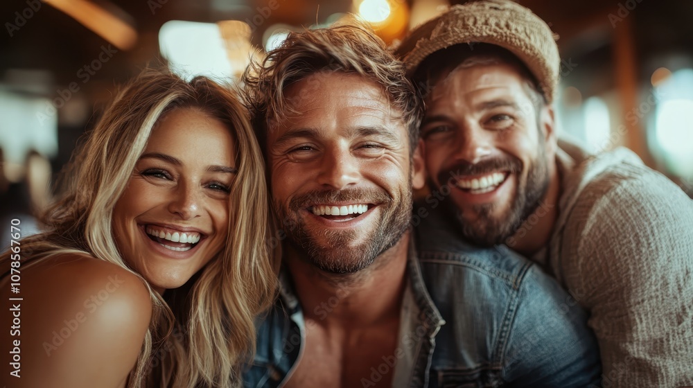 Three friends smile warmly, embodying a sense of comfort and friendship, showcasing a moment of genuine connection and happiness in a cozy indoor setting. Three friends smile warmly, embodying a sense of comfort and friendship, showcasing a moment of genuine connection and happiness in a cozy indoor setting.