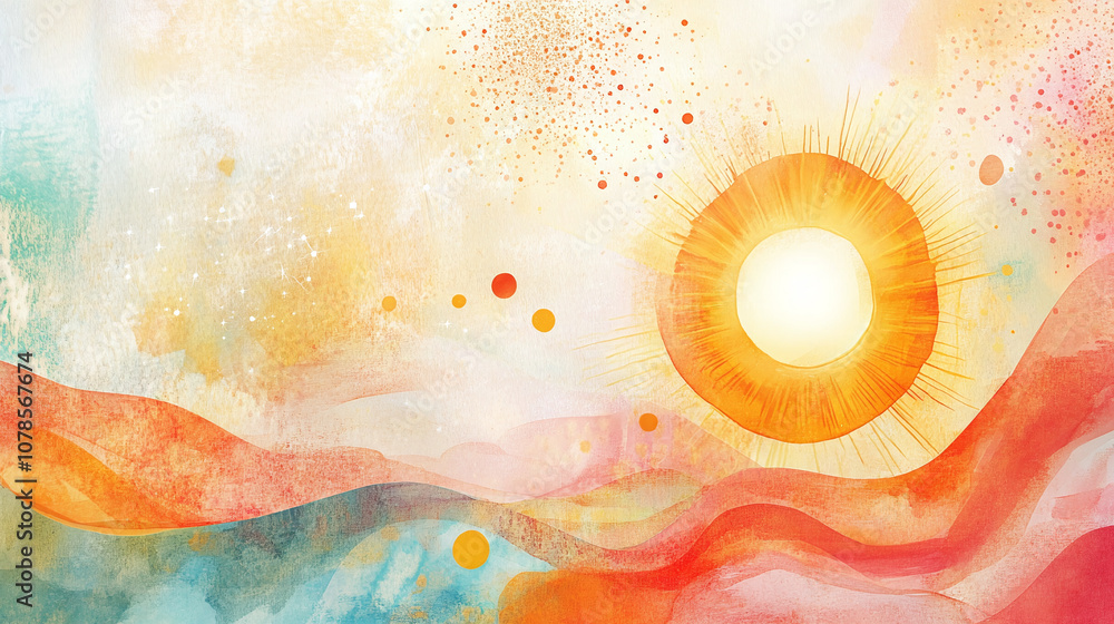 Whimsical abstract illustration of a bright sun surrounded by organic, flowing shapes of light, using soft pastel colors and watercolor textures. Whimsical abstract illustration of a bright sun surrounded by organic, flowing shapes of light, using soft pastel colors and watercolor textures.