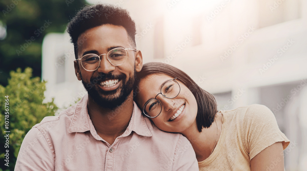 Portrait, smile and couple in garden, love and bonding together with real estate. Interracial, outdoor and man with woman, hug or happiness with care, trust and moving with relationship or lens flare Portrait, smile and couple in garden, love and bonding together with real estate. Interracial, outdoor and man with woman, hug or happiness with care, trust and moving with relationship or lens flare