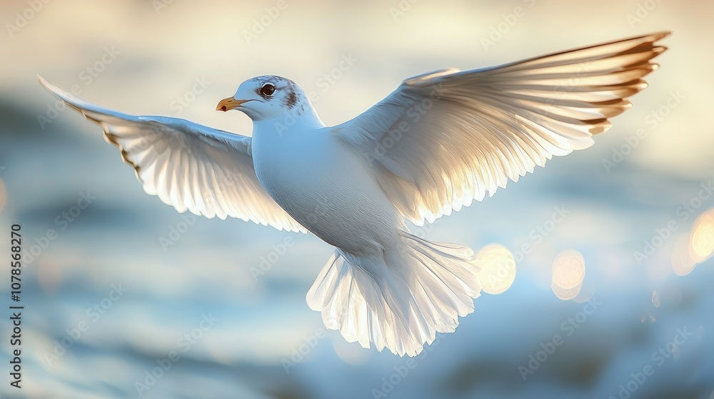 Fototapeta premium A white seagull with wings outstretched flies over a blue and white ocean in the evening sun.