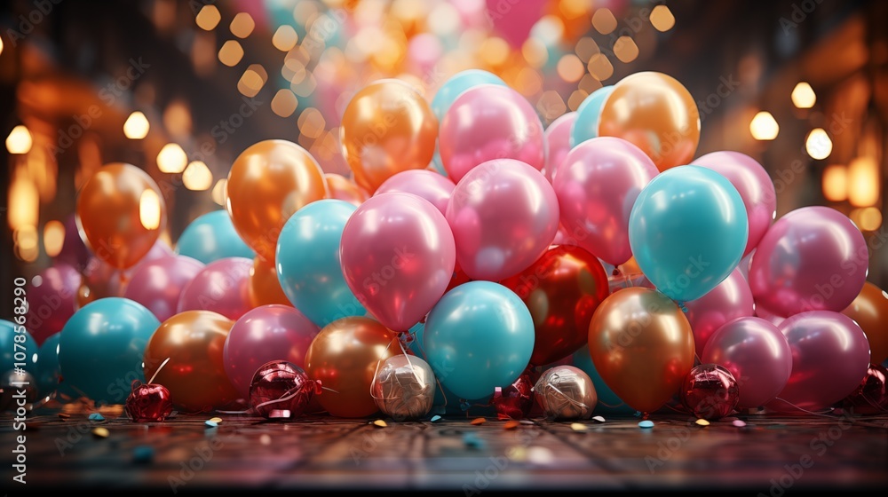 Festive birthday party with colorful balloons, setting a joyful and celebratory atmosphere. Festive birthday party with colorful balloons, setting a joyful and celebratory atmosphere.