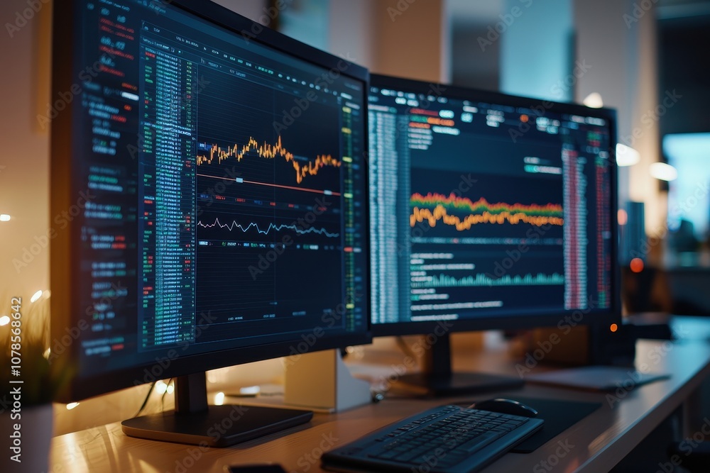 Analyze Market Trends Using Advanced Data Visualization on Dual Monitors for Strategic Decision-Making Analyze Market Trends Using Advanced Data Visualization on Dual Monitors for Strategic Decision-Making