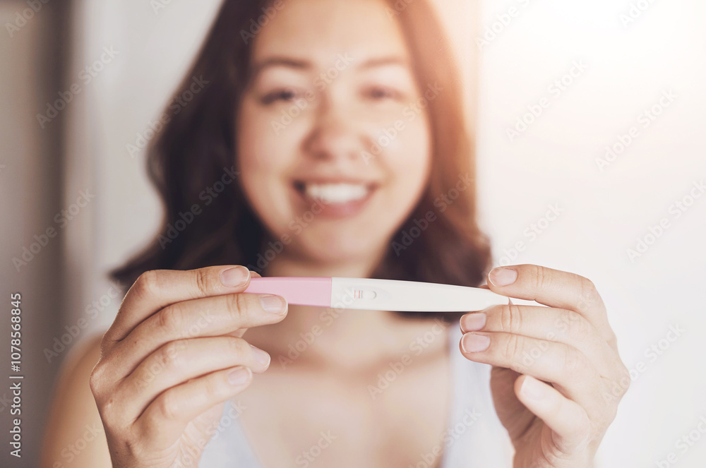 Pregnancy test, happy and hands of woman in home excited for motherhood, parenting and baby. Health, maternity and portrait of person with medical kit for ivf treatment, fertility success or surprise Pregnancy test, happy and hands of woman in home excited for motherhood, parenting and baby. Health, maternity and portrait of person with medical kit for ivf treatment, fertility success or surprise