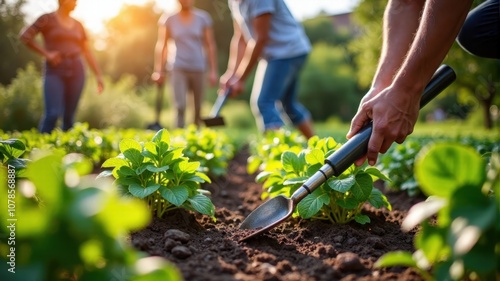 people working in a garden with a shovel