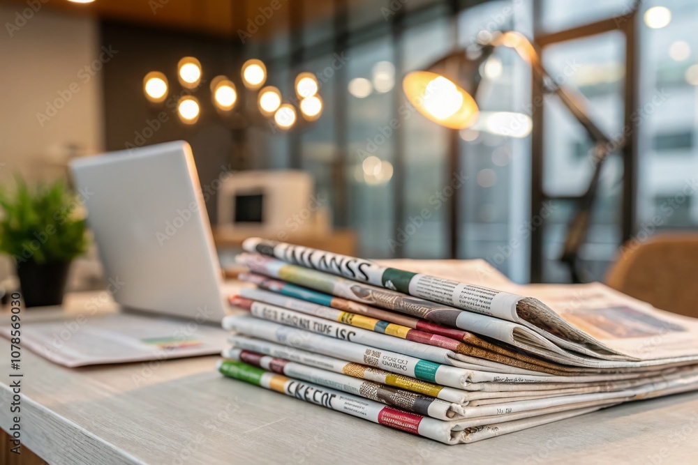 Pile of Newspapers on Office Table Showcasing Latest Financial and Business News with Bokeh Effect Highlighting Headlines, Articles, and Photos in Daily Papers