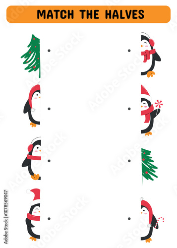 Match the halves  with Christmas penguins . Education developing worksheet. Matching game for kids.Vector