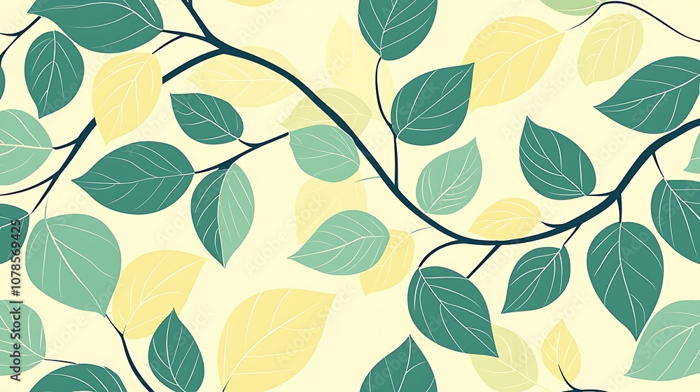 Obraz premium Subtle and serene botanical pattern featuring soft green and yellow leaves set against a light background, perfect for nature-themed designs and organic aesthetics.