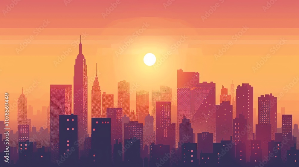 A pixelated cityscape with the sun setting behind the tall buildings. A pixelated cityscape with the sun setting behind the tall buildings.