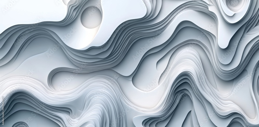 An abstract stack of smooth surface curves flowing smoothly on a white interior and architecture artwork background. An abstract stack of smooth surface curves flowing smoothly on a white interior and architecture artwork background.