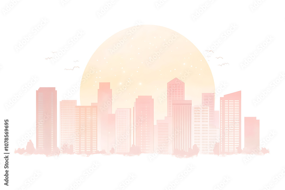 Obraz premium A pastel sunset casts a warm glow over a city skyline with modern high-rise buildings and silhouettes of birds in the sky