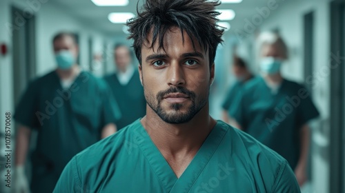 A confident male nurse stands in the hospital hallway, directly looking at the camera, representing medical dedication and professionalism in healthcare settings.