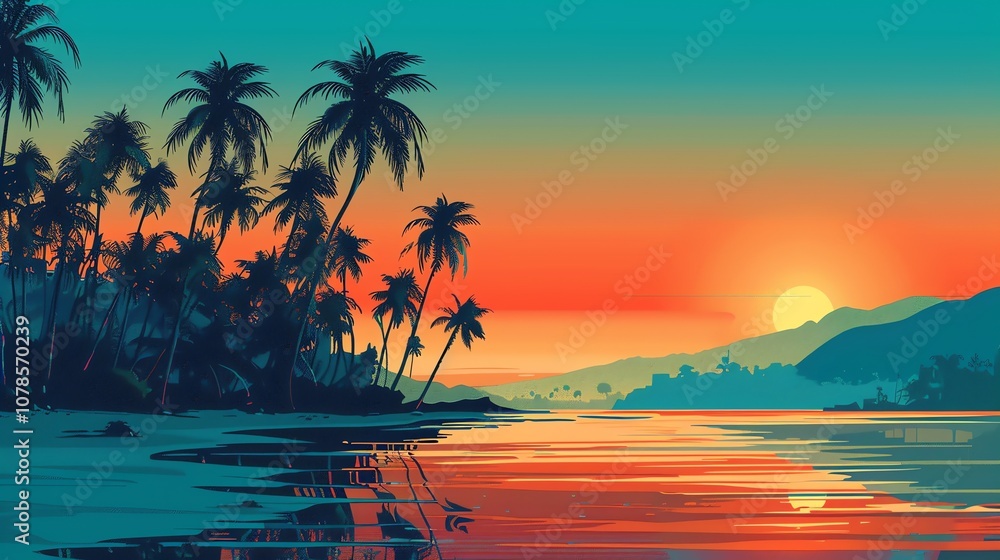 Fototapeta premium An illustration of a beach at sunset with palm trees.