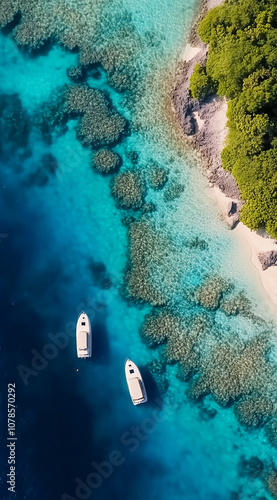 Two boats are anchored near a lush green island in crystal clear turquoise water. The water is shallow, revealing the vibrant coral reef underneath photo