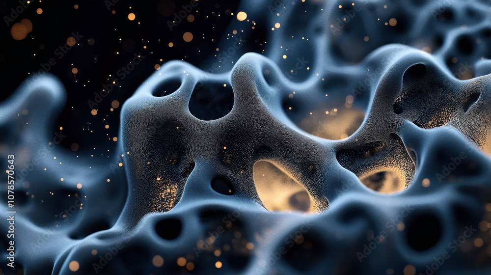 Futuristic abstract background featuring a close-up view of porous organic shapes illuminated with a golden glow amidst a dark backdrop with scattered particles highlighting texture. Futuristic abstract background featuring a close-up view of porous organic shapes illuminated with a golden glow amidst a dark backdrop with scattered particles highlighting texture.