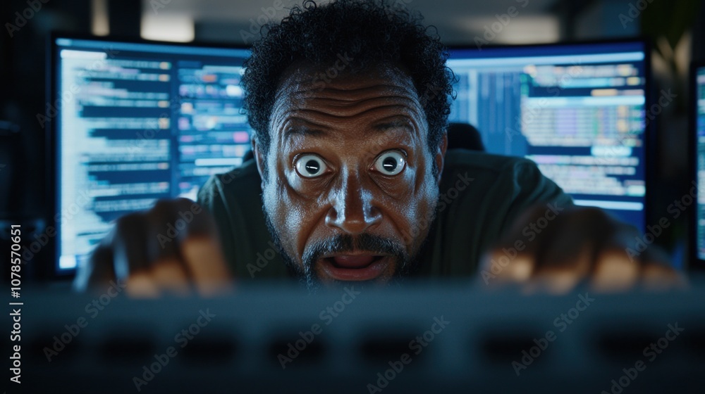 A Focused Individual Engages With Multiple Computer Monitors, Surrounded by Glowing Data Streams, Late at Night in a Cluttered Workspace Filled With Technology A Focused Individual Engages With Multiple Computer Monitors, Surrounded by Glowing Data Streams, Late at Night in a Cluttered Workspace Filled With Technology