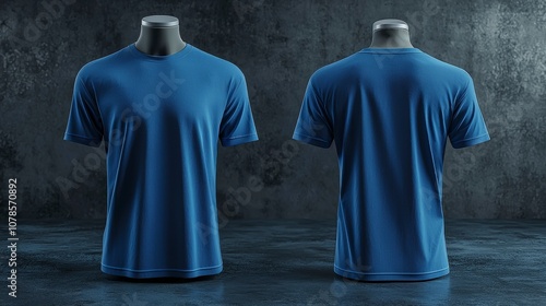 A classic blue t-shirt is displayed on a mannequin, showcasing both the front and back views. The design is simple and modern, perfect for casual wear enthusiasts. photo