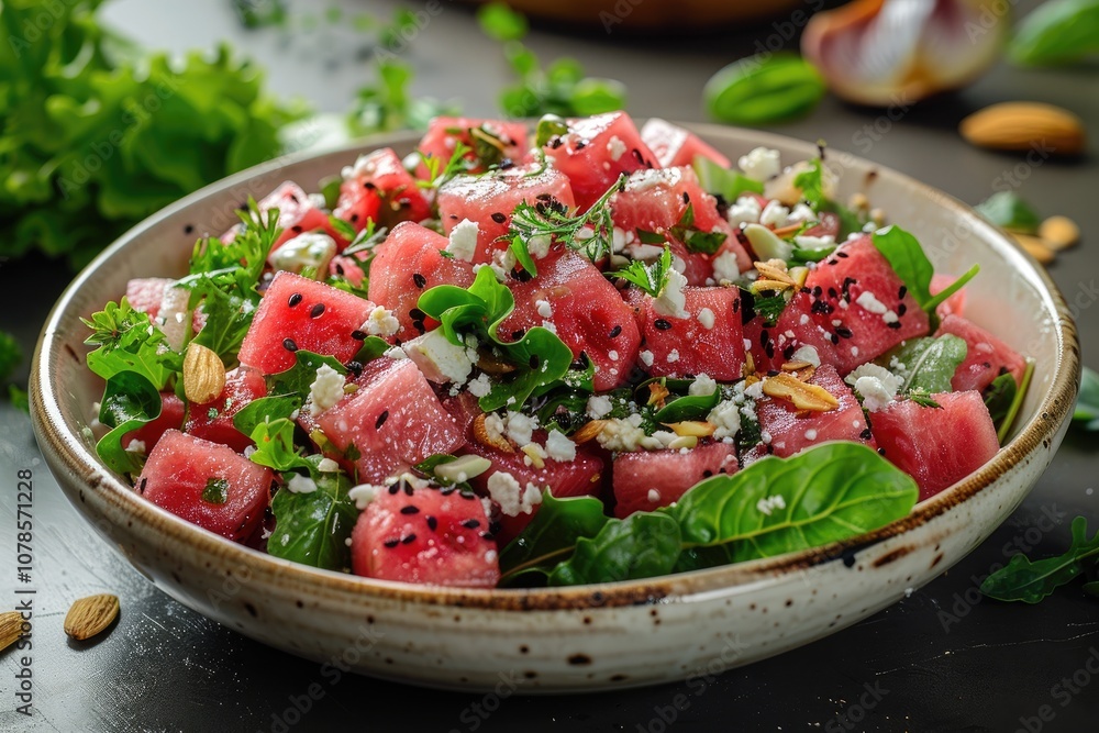 Watermelon Salad with Feta, Black Sesame Seeds, and Greens Watermelon Salad with Feta, Black Sesame Seeds, and Greens