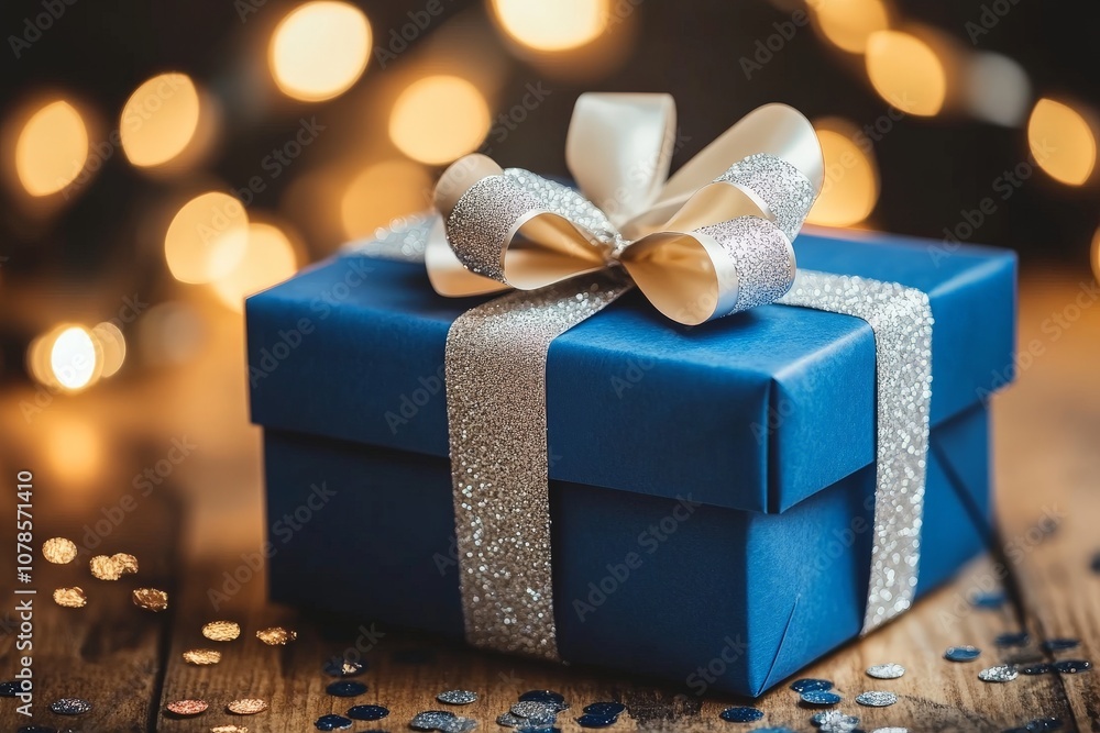 Navy blue gift box tied with a metallic gold ribbon bow set against a glowing background with bokeh lights symbolizing holiday luxury and festive elegance Navy blue gift box tied with a metallic gold ribbon bow set against a glowing background with bokeh lights symbolizing holiday luxury and festive elegance