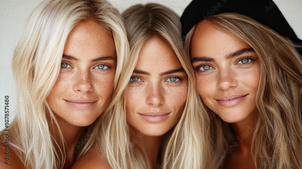 Three women with blonde hair and light eyes, smiling and posing closely together, showcasing their natural beauty against a light background. Three women with blonde hair and light eyes, smiling and posing closely together, showcasing their natural beauty against a light background.