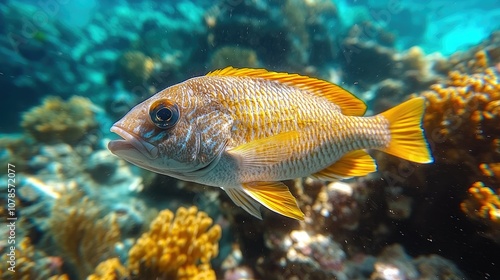 A yellow and white fish swims through a coral reef.