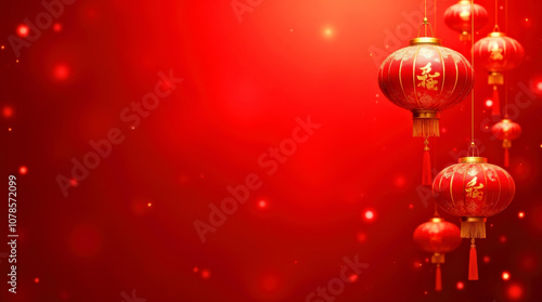 Vibrant Chinese Lanterns Illuminating a Festive Red Background. Chinese New Year, Lunar new year, Spring festival and Oriental traditions concept