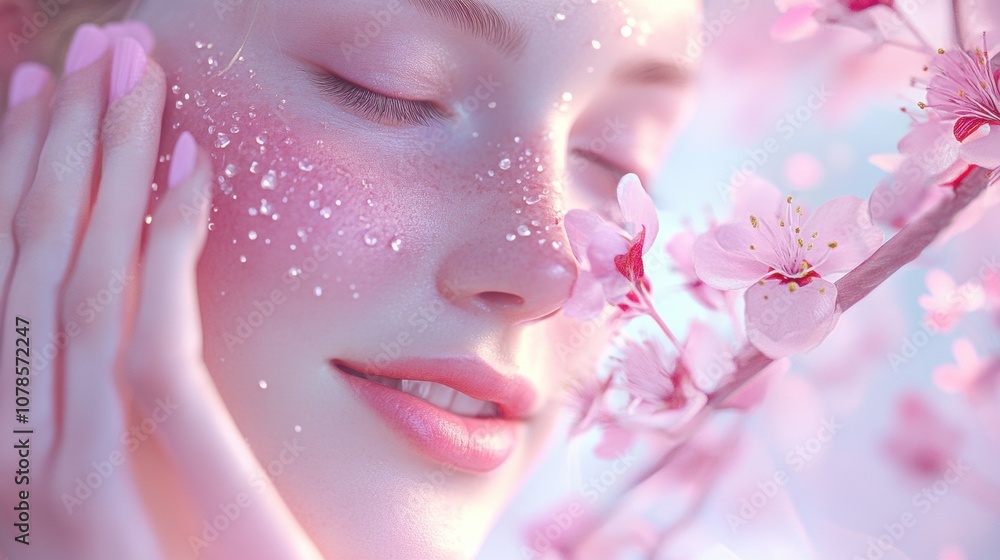 A Serene Close-Up of a Young Woman Surrounded by Cherry Blossoms With Dewy Skin, Enjoying a Moment of Tranquility During Springtime A Serene Close-Up of a Young Woman Surrounded by Cherry Blossoms With Dewy Skin, Enjoying a Moment of Tranquility During Springtime
