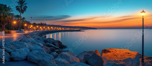 Fototapeta Naklejka Na Ścianę i Meble -  Calm sea at dawn with rocky shore, palm trees and street lights.
