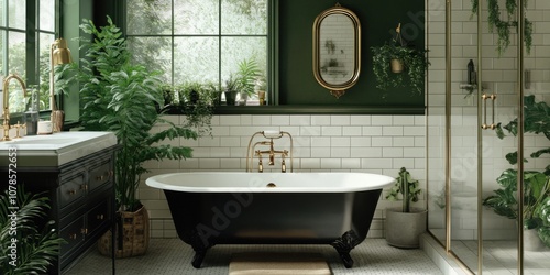 Art Deco-inspired bathroom, dark green and white tiles, elegant black sink with gold-framed mirror, clawfoot bathtub, frameless glass shower, lush plants, side angle capturing the bathtub and vanity photo