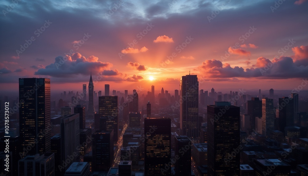 Urban skyline at sunset with dramatic orange clouds.Bright, warm, urban sunset through skyscrapers, tall buildings. Overcast, clear weather. Sunlight through the clouds.
Urban skyline at sunset with dramatic orange clouds.Bright, warm, urban sunset through skyscrapers, tall buildings. Overcast, clear weather. Sunlight through the clouds.